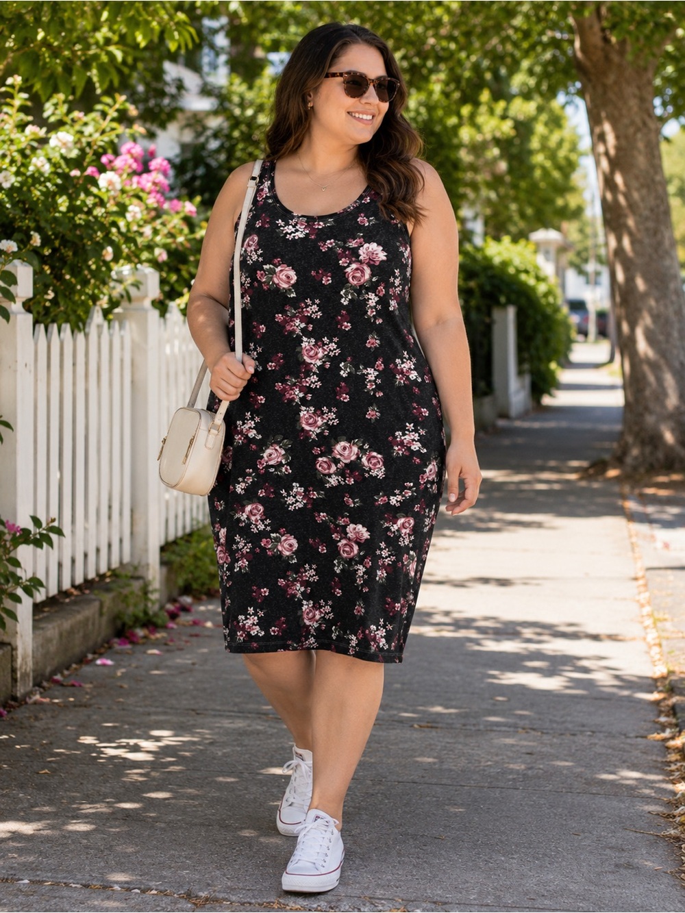 Ardene Black Pink Floral Stretch Cotton Tank Midi Dress XXL